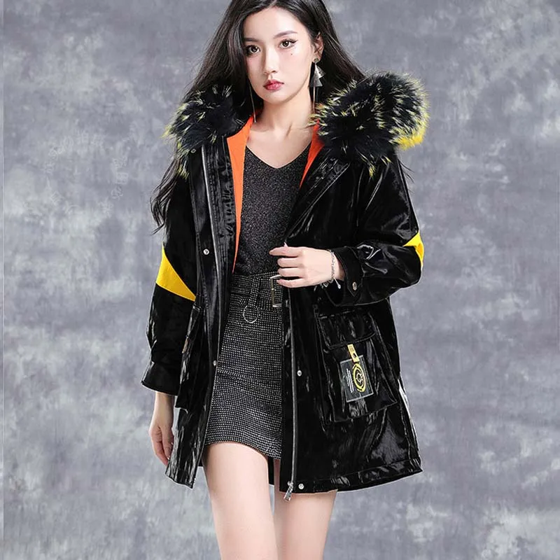 Black Glossy Parkas Women Winter Jacket Hooded Zipper Raccoon Dog Fur Collar Rabbit Fur Coats Fashion Trendy Mid-length Overcoat