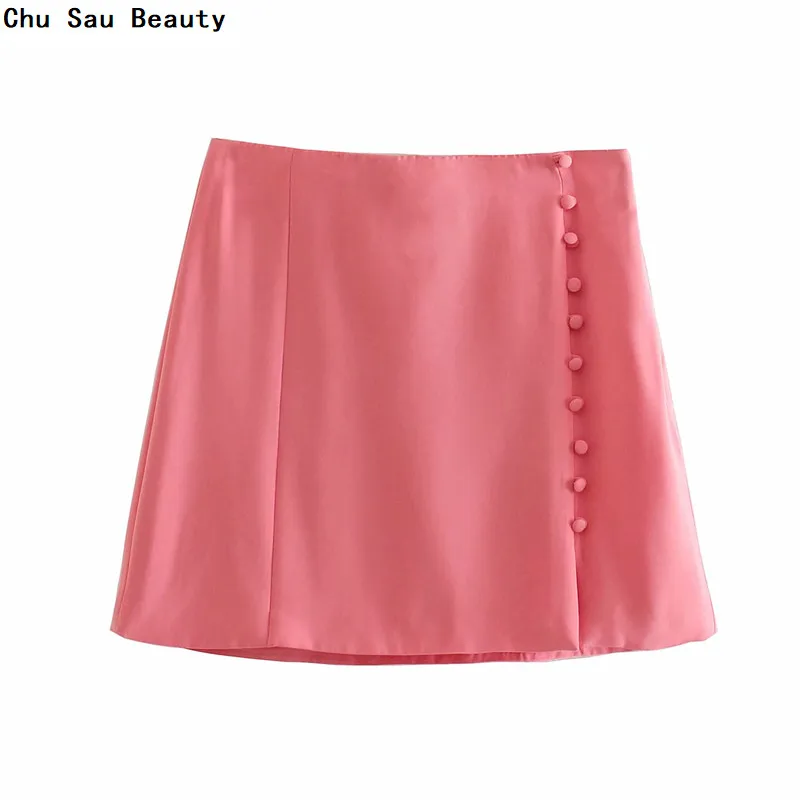 

Chu Sau Beauty 2021 New Summer Women's Button Decoration Elastic Waist Mini Skirt Sweet Girl Dark Pink Sashion Slim Short Skirt