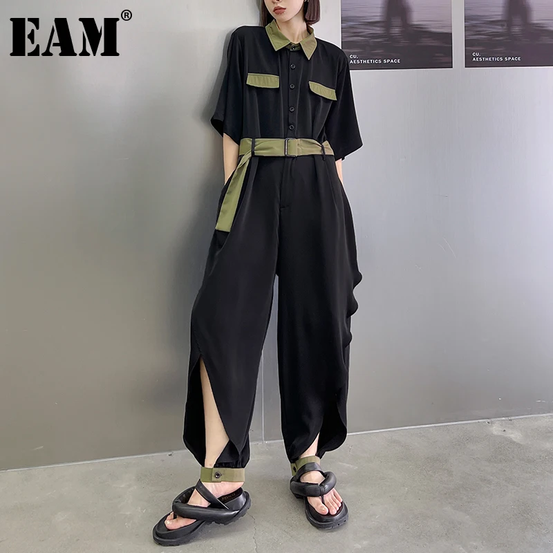 

[EAM] Loose Fit Women Black Big Size Long Jumpsuit New High Waist Pocket Stitch Pants Fashion Tide Spring Autumn 2022 1DE0319