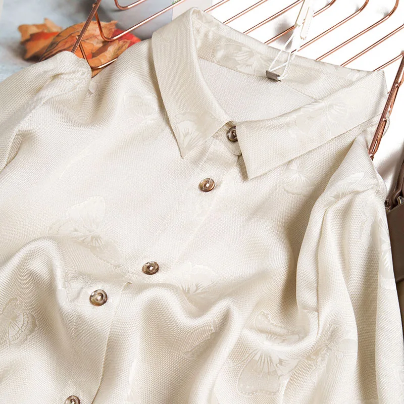 

Birdsky, 1PC Women long sleeve Shirts Blouse Shirt Top office lady natural 100% mulberry silk jacquard stain White. S-248