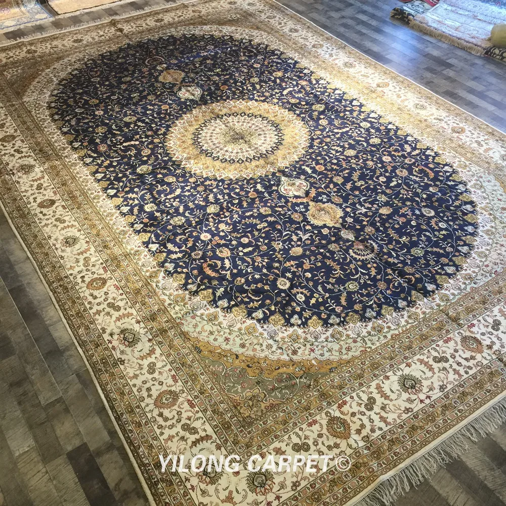 Yilong 12 'x 18' большой персидский ковер для виллы ручной работы Шелковый медальон