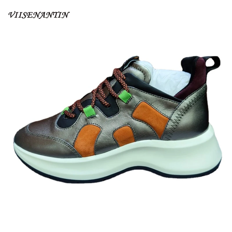 

New Designer Thick-soled Genuine Leather Casual Sneakers 2021 Spring Autumn Trend Mixed Colors Increase All-match Daddy Shoes
