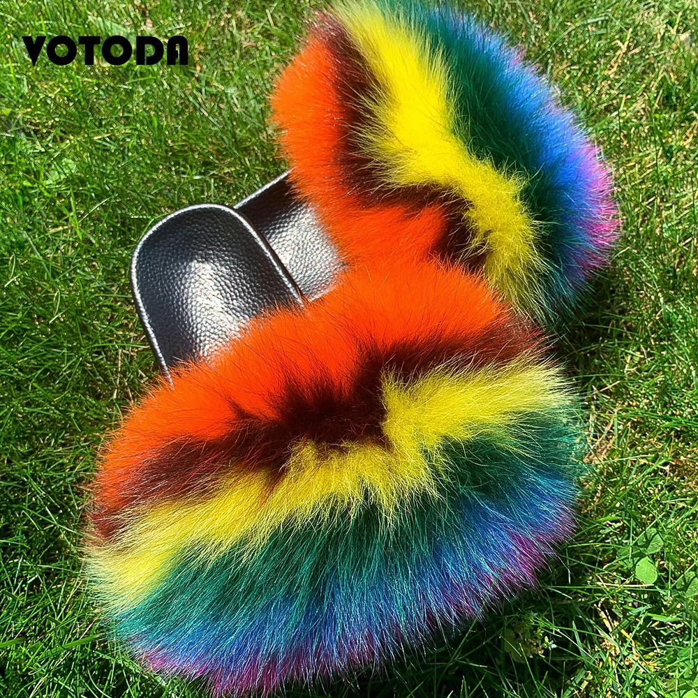 Summer Fluffy Fur Slippers For Women Soft Furry Fur Slides Woman Indoor Plush Shoes Real Fox Fur Sandals Ladies Cute Flip Flops images - 6