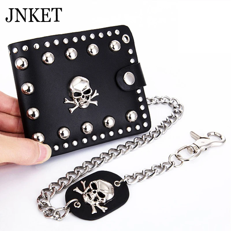 

JNKET Punk Men's Rivet Chain Skull Wallet PU Leather Purse Billfold Money Clip Folding Clutch Wallet Detachable Metal Chain