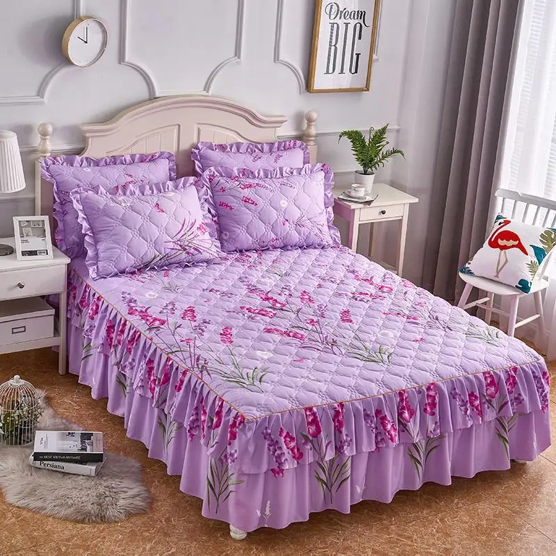 

40 2/J Pieces Bloom Flowers Printed Queen/Full/Twin Size Lightweight Microfiber Quilted Coverlet Ruffled Bedskirt for All Season