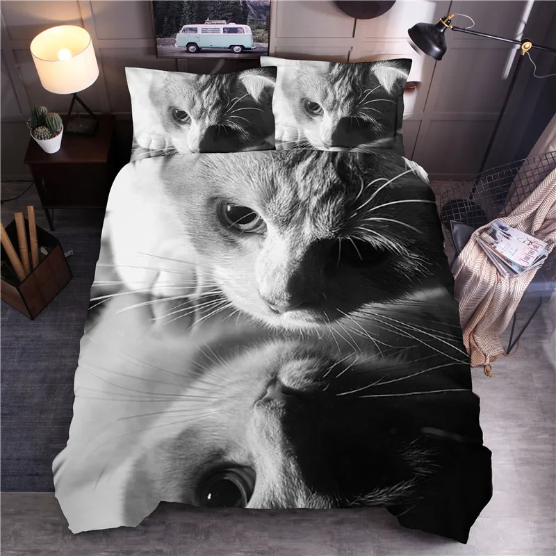 Hot 3D Black And White Cat Partner Print Three Piece Bedding Set Cut Green Eyed Quilt Cover Queen Pillow Case 3pcs | Дом и сад
