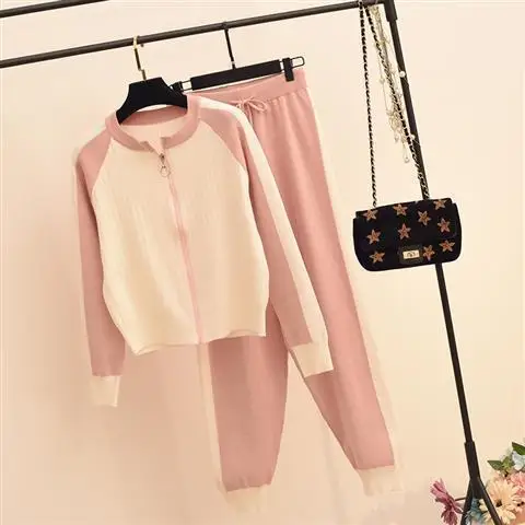 

2021 Autumn Casual Two-piece Sweater Cardigan Jacket Women Women Knitted Suit Fashion Baseball Sports Zip Top Pants Set Y225