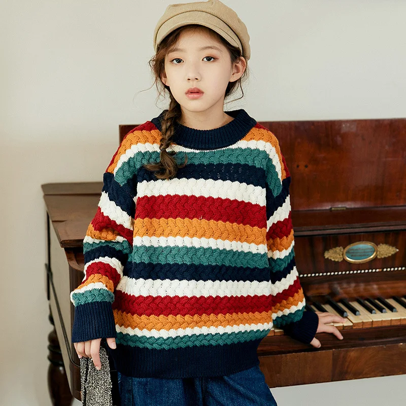 

Girls Sweater Autumn Winter Pullover Knitted Clothing Christmas Sweater Fashion Striped Cotton Tops Children Clothes 12 13 Years