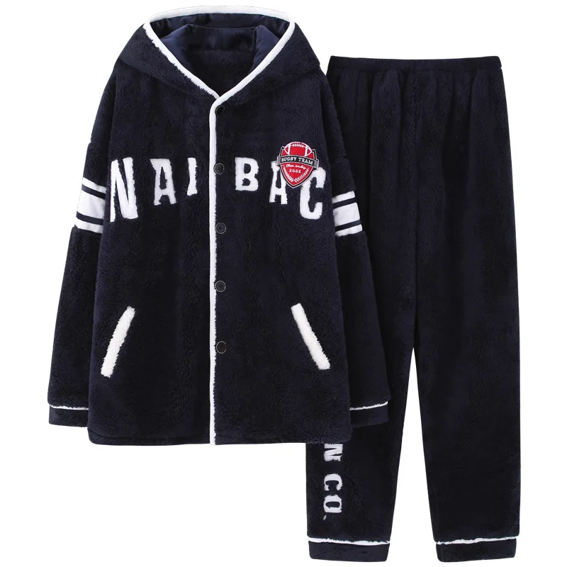 

Autumn and Winter Plush Men's Pajamas Suit Fashion Trend Warm Hooded Winter Plush Thickening Home Service Pijama Invierno Hombre