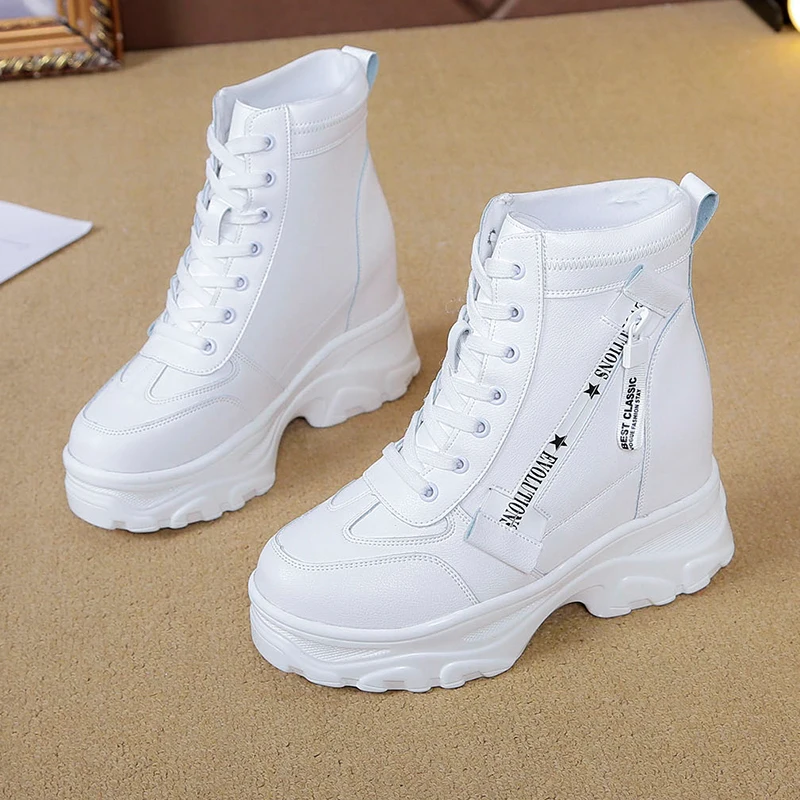 

2021 Autumn High Platform Boots 8CM High Heels Women Thick Sole Ankle Shoes Leather Wedge Sneakers Keep Warm Winter Plush Boots