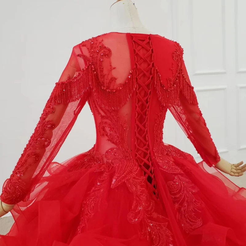 Red Prom Dresses 2020 Square Collar Long Sleeve Beading Tassel On Shoulder Evening Dress Long Vestidos De Fiesta De Noche Party
