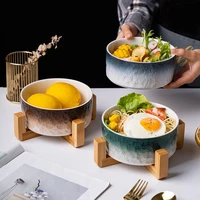 stone grain ceramic bowl with wooden stand fruit salad bowl ramen bowl enamel soup bowls large dessert bowl home noodle bowl