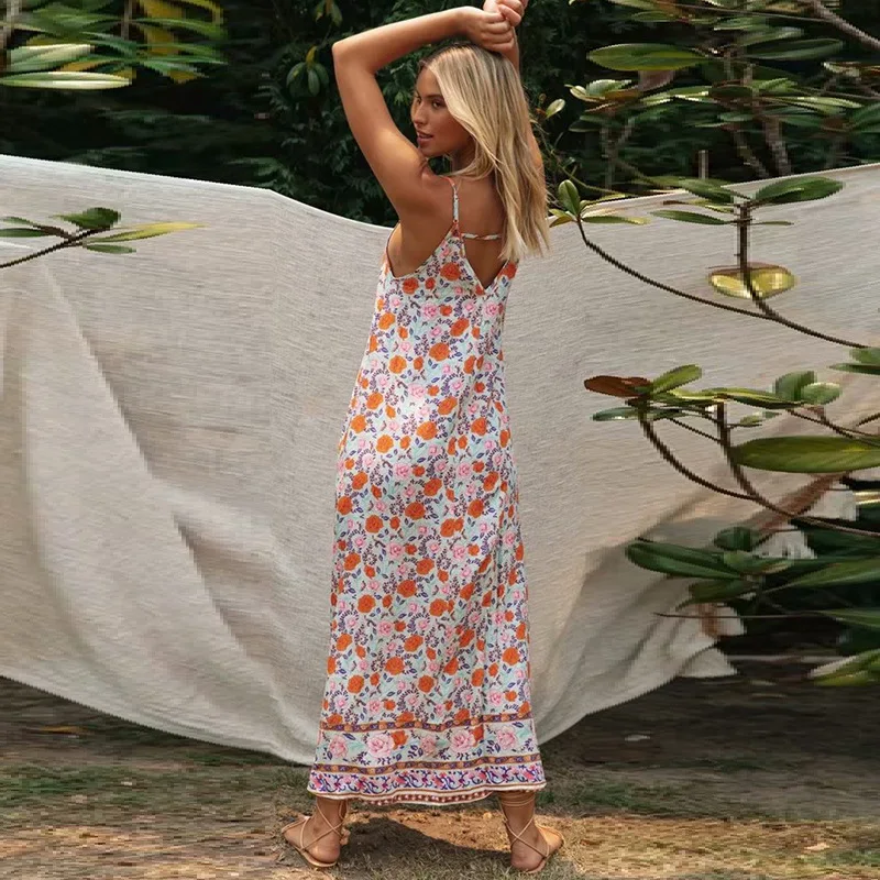 

Casual Summer Women Spaghetti Straps Dress 2020 Vintage Elegant V-neck Loose Print Maxi Dress