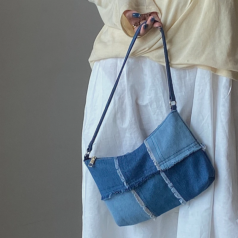 

Vintage Denim Stitching Women Underarm Bag Fashion Ladies Contrast Color Small Shoulder Bags Female Armpit Bag Baguette Handbags