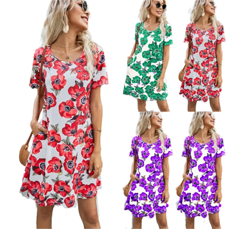 

S-2XL Plus Size Sundress Flower Printing Women Dress 2021 New Summer Loose Short Sleeve O-Neck Casual Mini Dress Female Vestidos
