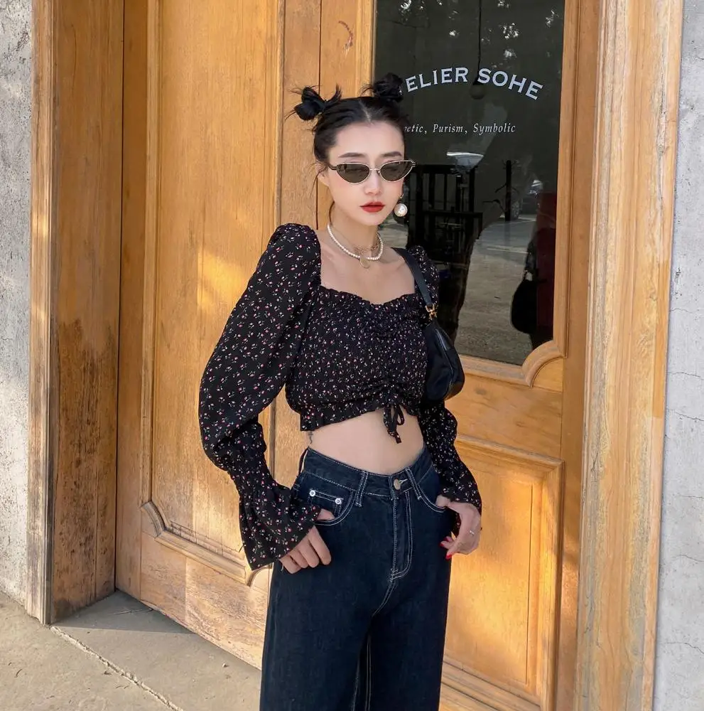 

2021 Sexy Women Retro Floral Strapless Ladies Crop Drawstring Tops Blouse Long Sleeve Female Bare-midriff Tops