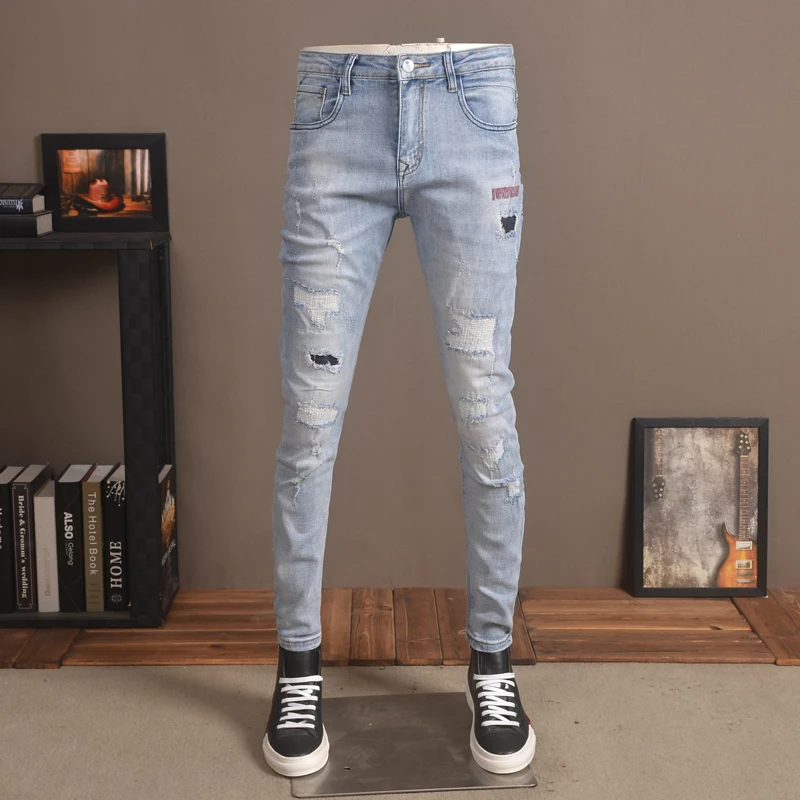 Men's Light Blue Ripped Patches Jeans Summer Casual Slim Fit Pencil Pants Streetwear Printed Denim Trousers