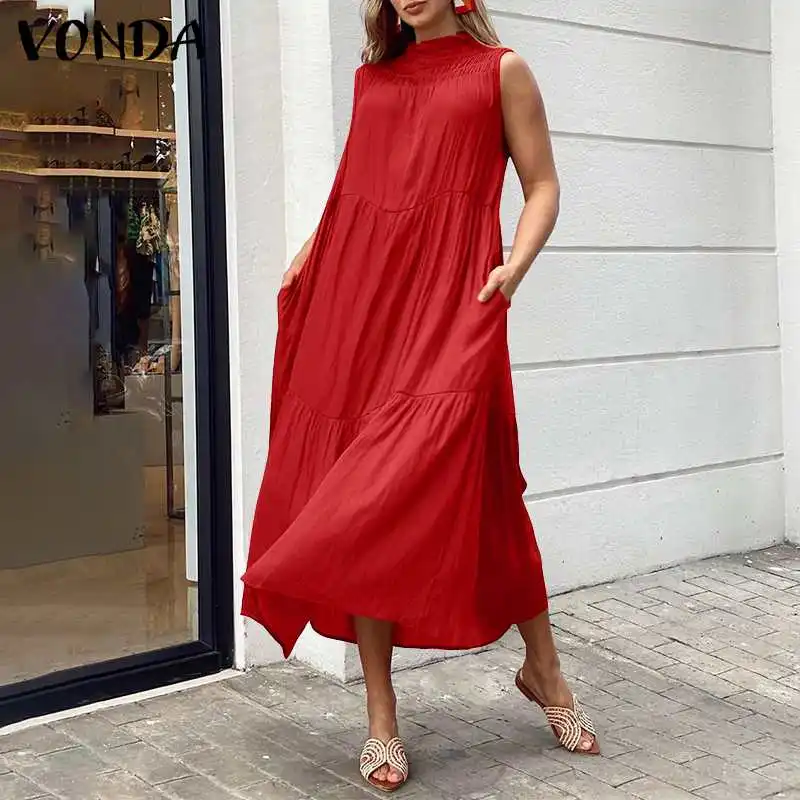 

Women Beach Long Dress 2021 VONDA Beach Sundress Holiday Party Long Summer Dress Mock Neck Pleated Tank Vestidos