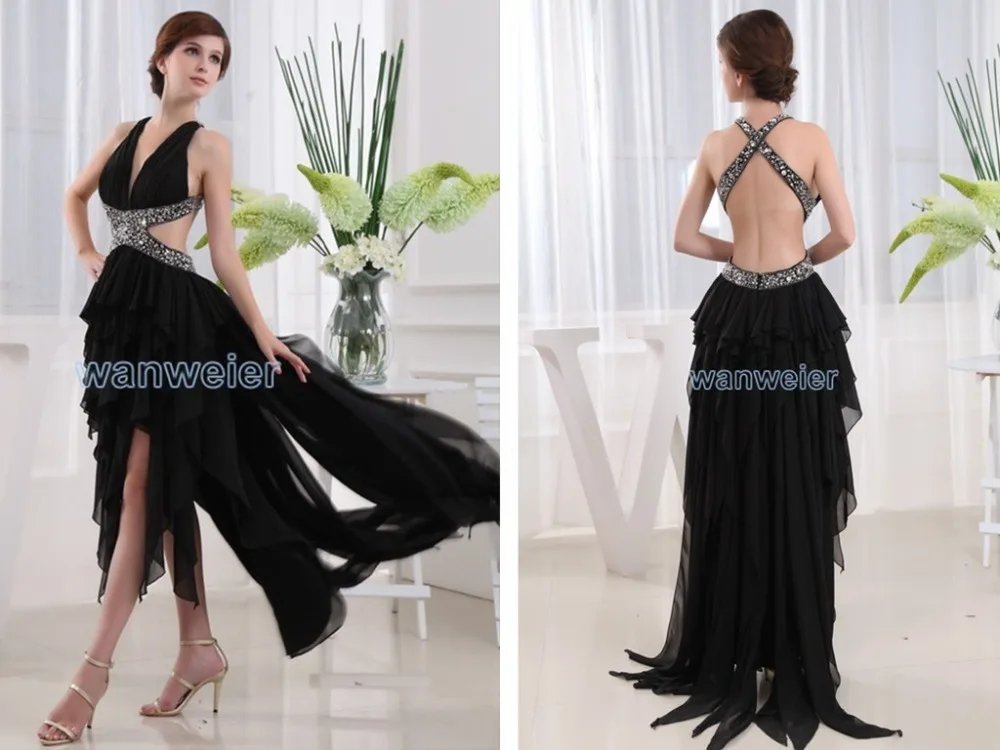 

2018 party gowns new design hot seller v-neck maxi After short before black chiffon sexy backless prom gown bridesmaid dresses