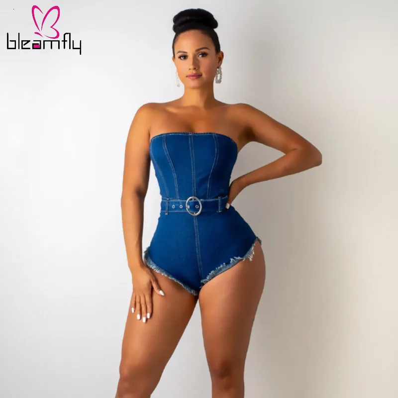 Женский Летний комбинезон без бретелек с высокой талией облегающий джинсовый