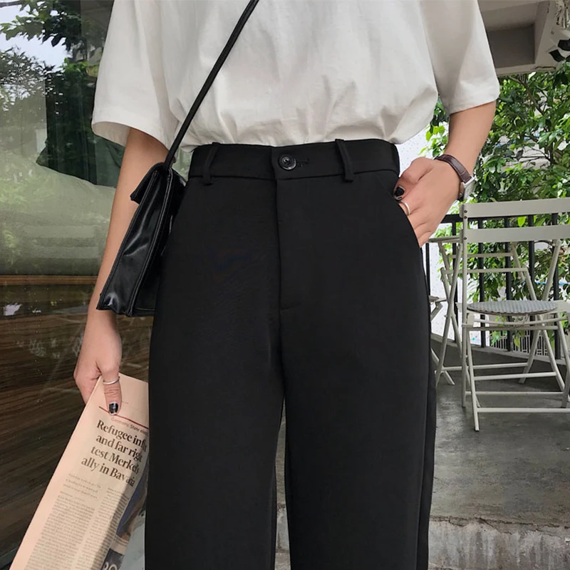 

Sister Fara 2021 New Spring Autumn Woman's Black High Waist Pants Zipper Button Joggers Women Full Length Straight Wide Leg Pant