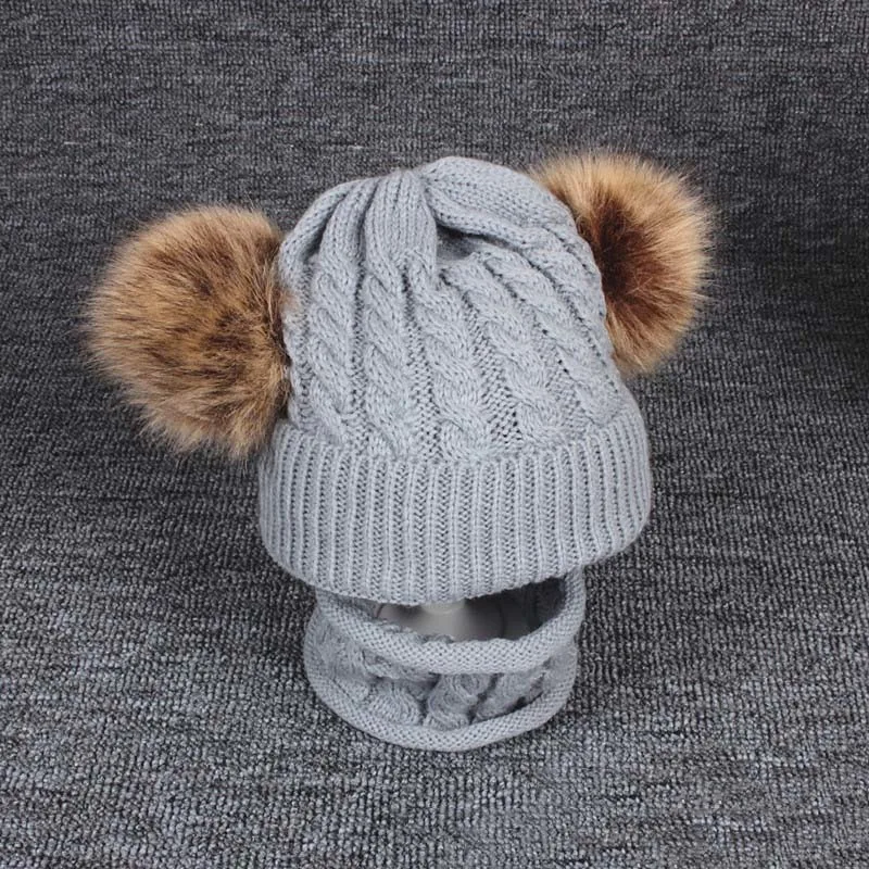 gray 01hat Комплект, шарф, детская шапка, модная детская зимняя шапка, детский шарф с двойным помпоном, вязаная зимняя детская шапка, теплая шапка для малышей, шапка - Цвет: gray 01hat