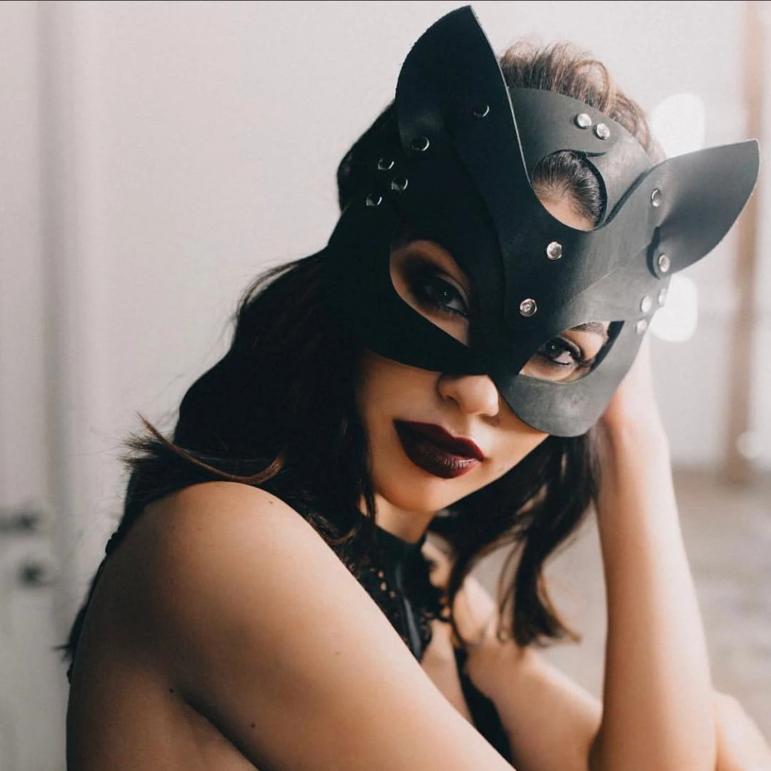 Сексуальная кожаная маска кошки БДСМ фетиш голова черные полуглаза Косплей лицо