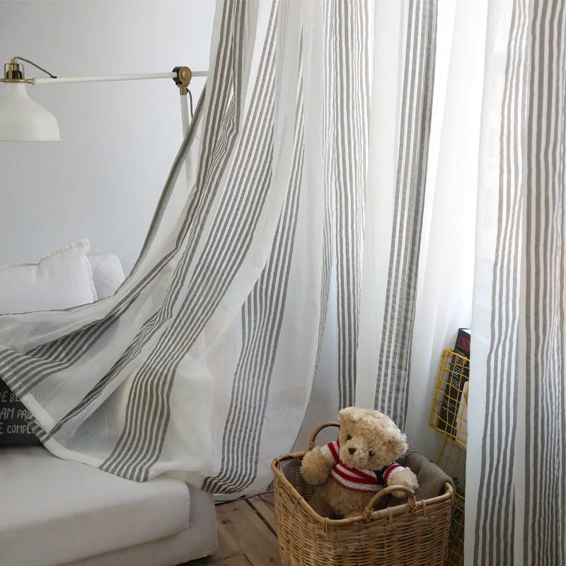 Серые льняные прозрачные тюлевые шторы для гостиной полосатые современные