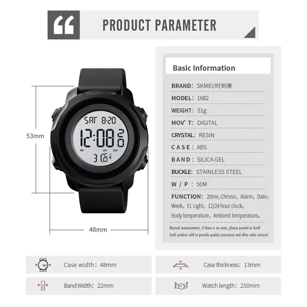 

SKMEI Body Ambient Temperature Mens Watches Fitness 2 Time Digital Men Wristwatches Waterproof Healthy Tracker montre homme 1682