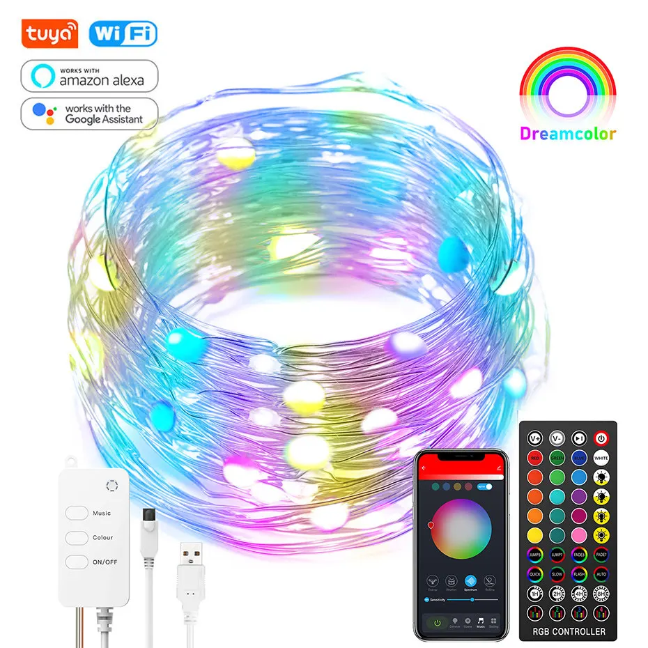 Tuya Smart WiFi светодиодные гирлянды светильник s Dreamcolor 10 м 100LED RGB RGBIC с питанием от USB