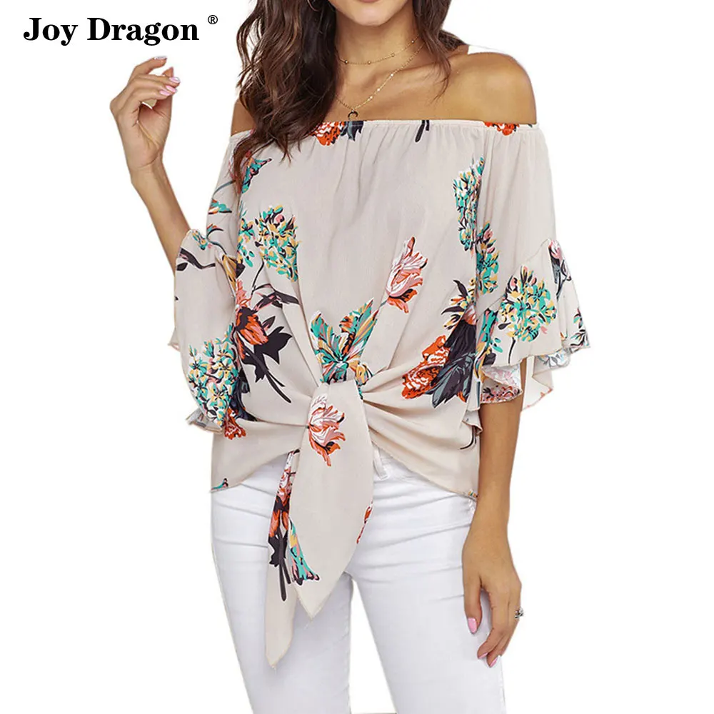 Women New Summer Fashion Off Shoulder Midi Sleeve Loose Tops Casual Print Blouse Mujer Camisetas T-shirty Damskie Poleras