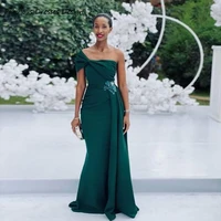dark green mermaid bridesmaid dresses one shoulder pleat 2022 crystal streamer long wedding party dress for women prom gowns