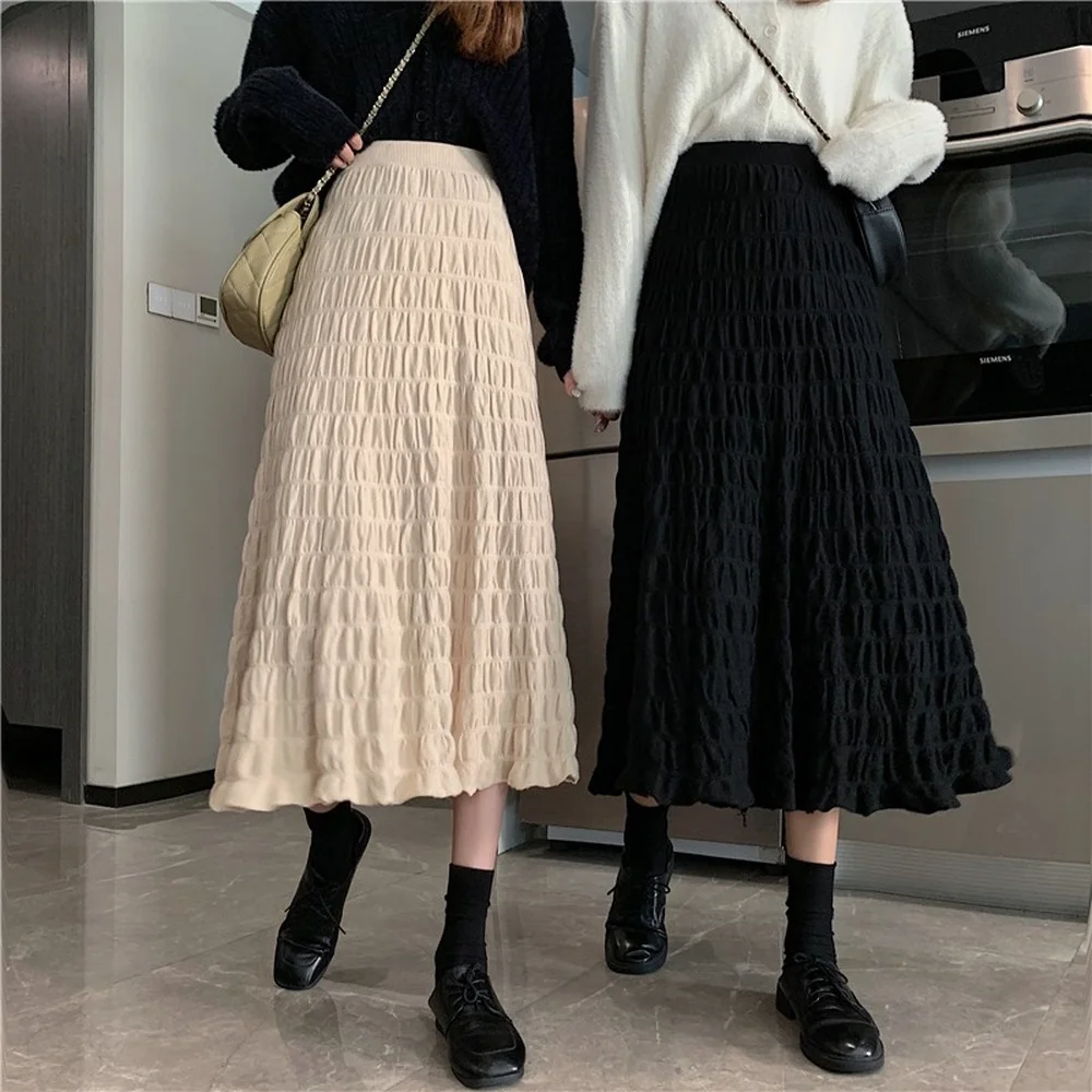 

Autumn Winter Wrinkled Black Pleated Skirt Women 2021 Korean Style Casual High Waisted A-Line Knitted Skirts Long Falda Plisada