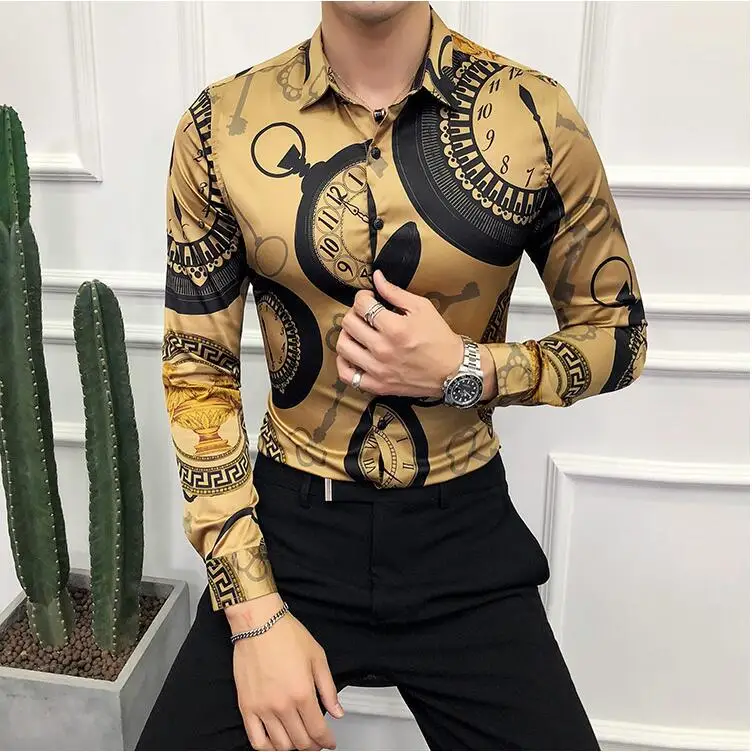 Качество полосатый Футболка с принтом Для мужчин с длинными рукавами Camisa Masculina Chemise Мужская, для общественных мест Для мужчин клуб нарядная рубашка Kemeja Pria 4XL - Цвет: 1914C Gold