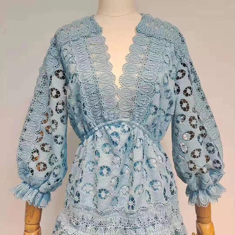 

Hollow Out Summer Dress For Women V Neck Lantern Long Sleeve High Waist Tunic Patchwork Lace Dresses Female New