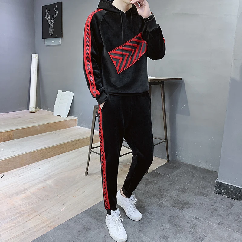 Moda Hombre 2019 Ropa комплект с толстовкой 2 предмета топ + штаны Мужская черная хлопковая