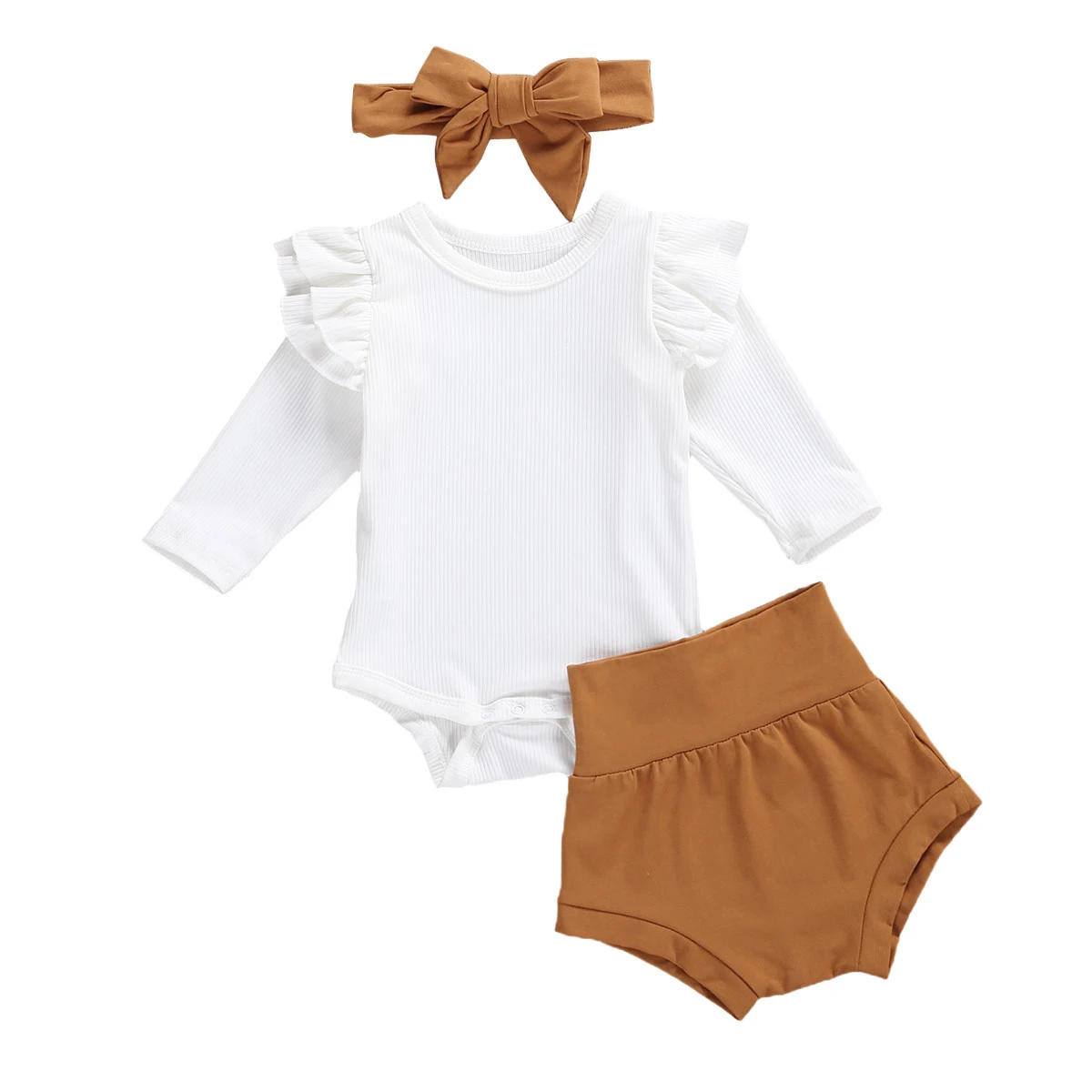 

Newborn Baby Girl Clothes Long Sleeve Solid Color Knitted Romper Tops Short Pants Bow Headband 3Pcs Casual Cotton Clothing 0-18M