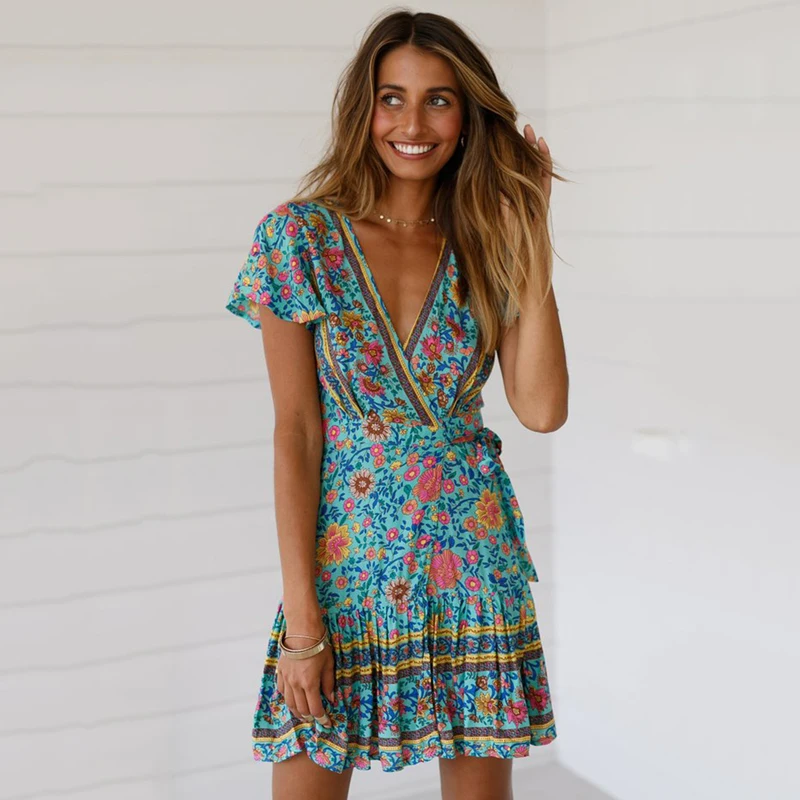 Summer 2020 Bohemia Short dress Women's Retro Deep V-neck Sleeve Printing High Waist a Line Vestoidos Muser | Женская одежда