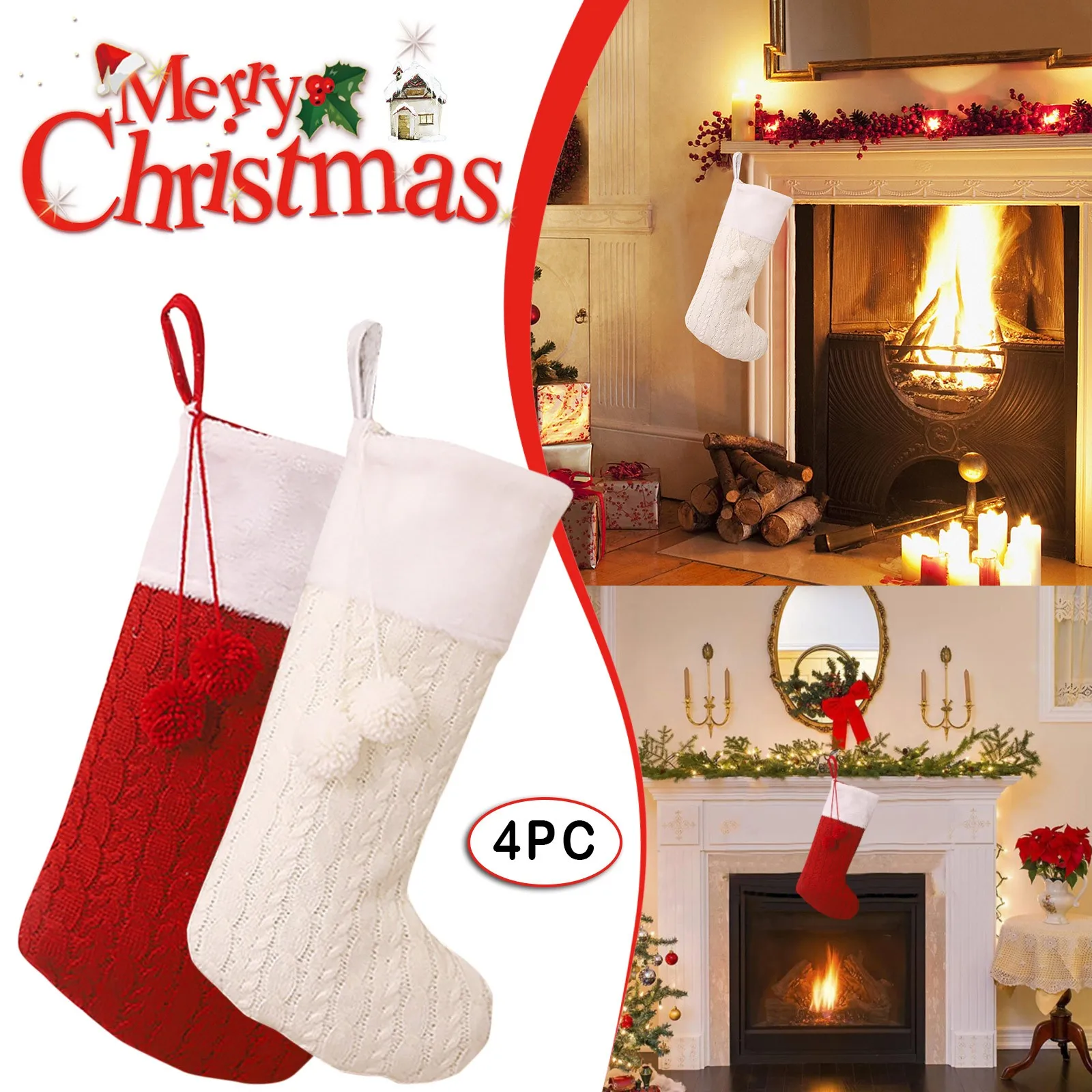 

4pcs Christmas Socks Fireplace Hanging Socks Family Christmas Decoration Holiday Party Decor Xmas Decorations For Home