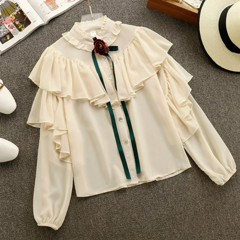 Шифоновые блузки в стиле ретро с 3D розами бантом и оборками шикарный воротник