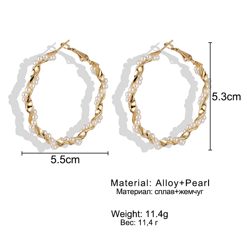 

DAXI Vintage Large White Gold Pearl Hoop Earrings For Women Girl Original Twisted Circle Big Round Earrings Fashion Jewelry New