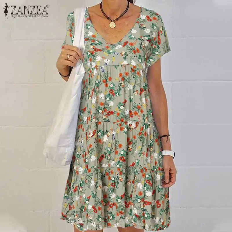 

ZANZEA Summer Bohemian Women Vintage Short Sleeve Floral Printed Dress Casual Beach Vestidos Oversize Loose Knee-length Sundress