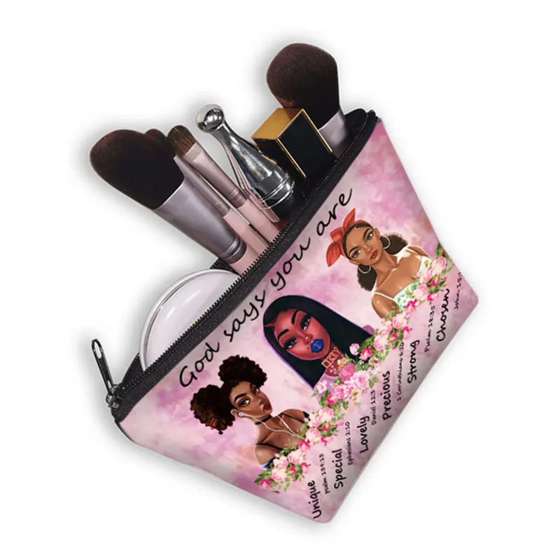 

God Says You Are" Cosmetic Bags America Women Makeup Bags Toiletry Organizers Bag for Travel Afro Girls Printed Cosmetic Case