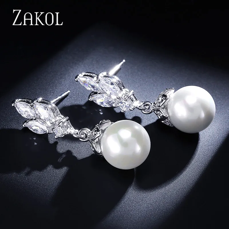 ZAKOL Изящные висячие серьги с кубическим цирконием в виде листьев для женщин