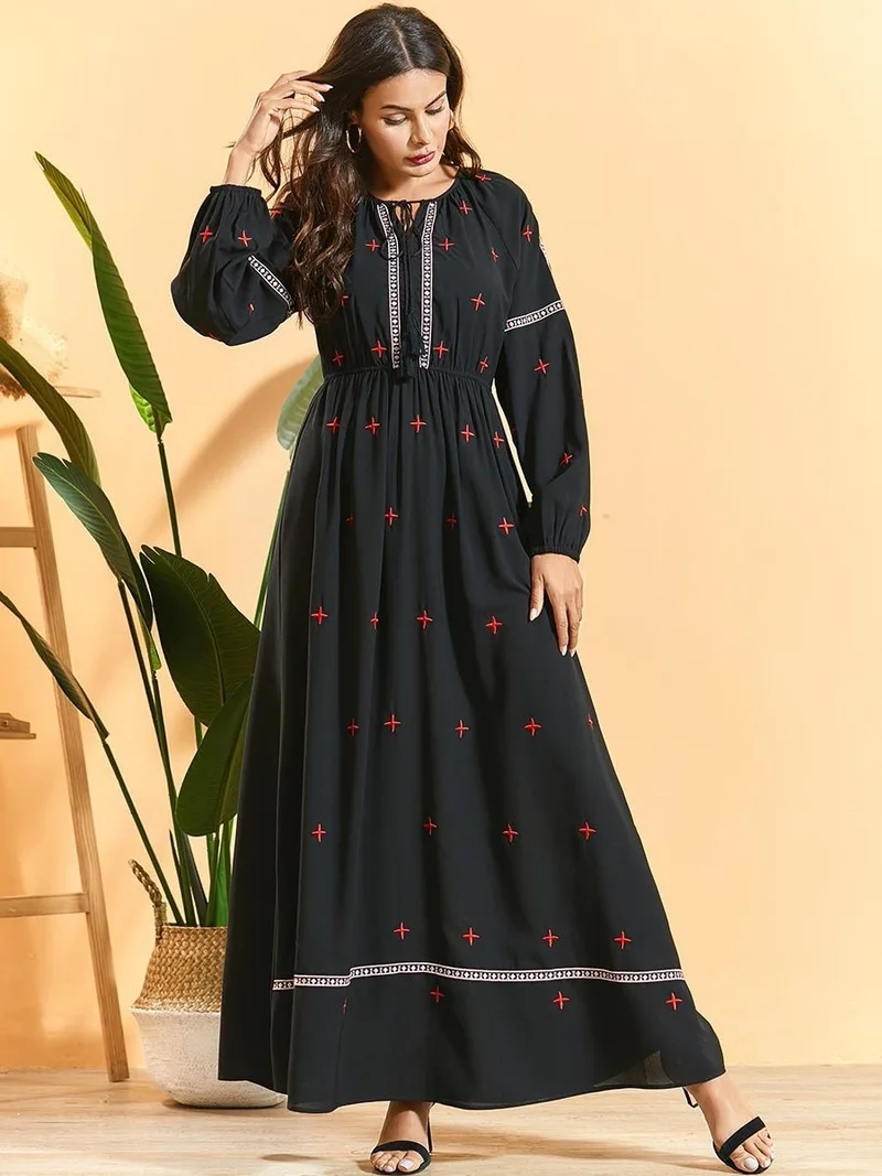 

Dress Women Ethnic Embroidery Maxi Long Dress Bohe Stretch Empire Swing Muslim Arab Oman Dresses Plus Size Lantern Long Sleeve