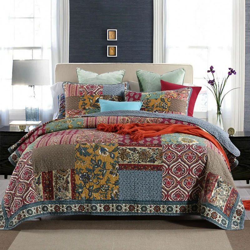 

American Patchwork Quilt Set 3PC Bedspread on the Bed Pastoral Quilted Handmade Coverlets King Queen Size Double Blanket on Bed