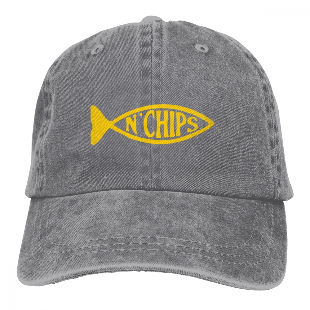 Рыба и чипсы Casquette черный унисекс Мужские Женские джинсовые бейсболка с ремешком кепки Регулируемый Гольф папа шляпа