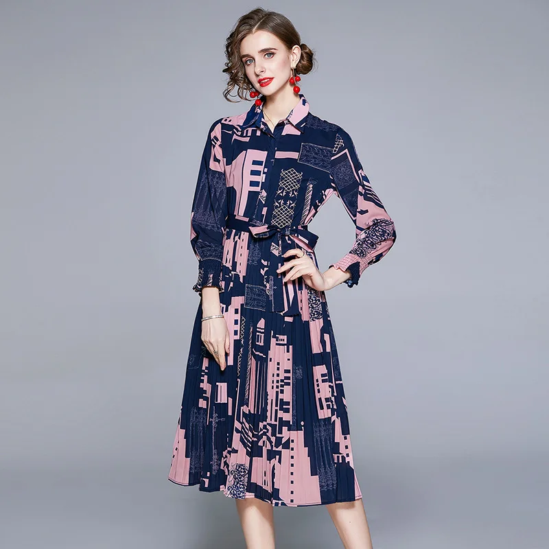 

Spring Summer New Printed Pleated Mid Length Dress Women Lapel Long Sleeve Sashes Single Breasted Real Shot Clothes