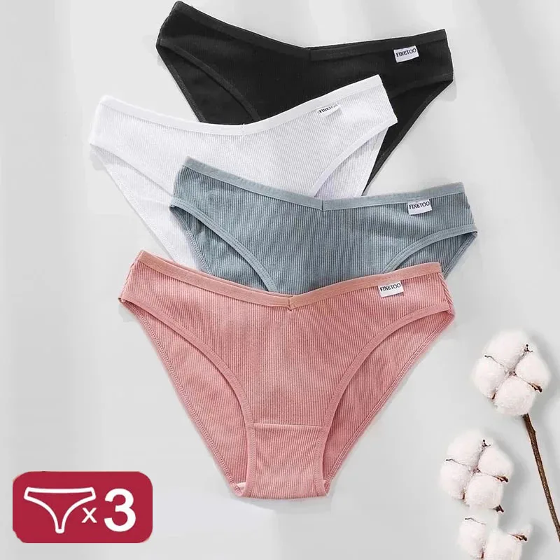 

FINETOO Women's Panties Women's Cotton Briefs Female Underpants V Waist Brief Underwear Plus Size Pantys Lingerie M-4XL 3PCS/Set