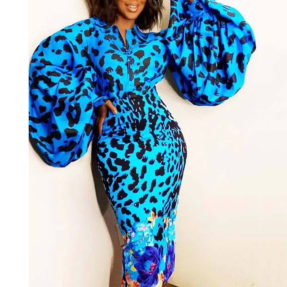 

Blue Leopard Print Dress for Womens Lantern Sleeve High Waisted Bodycon Mid Calf Elegant Evening Night Party Vestidos Dress Midi